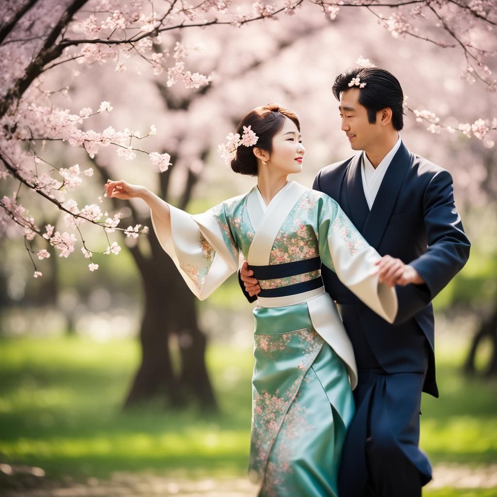 Elegant Japanese Couple Dancing in Spring, Bokeh