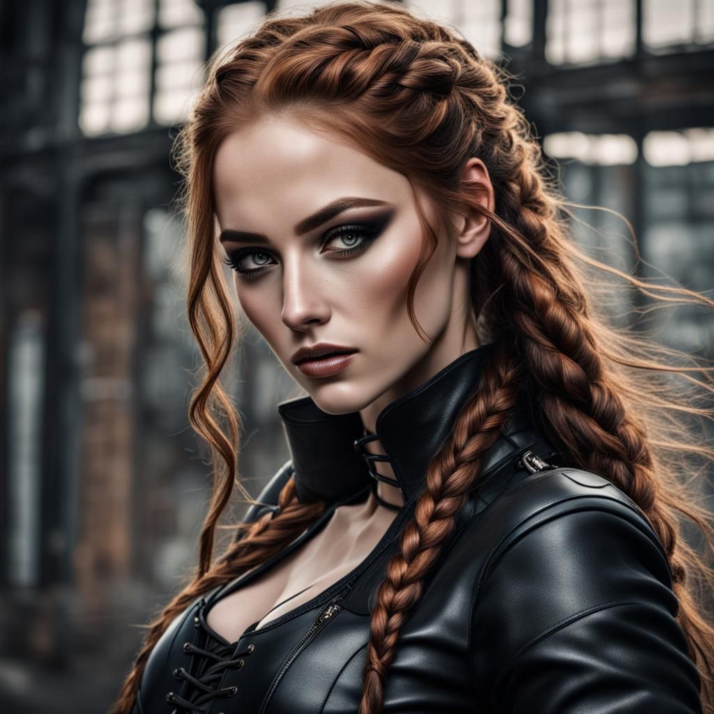 Strong Auburn-Haired Woman in Industrial Setting