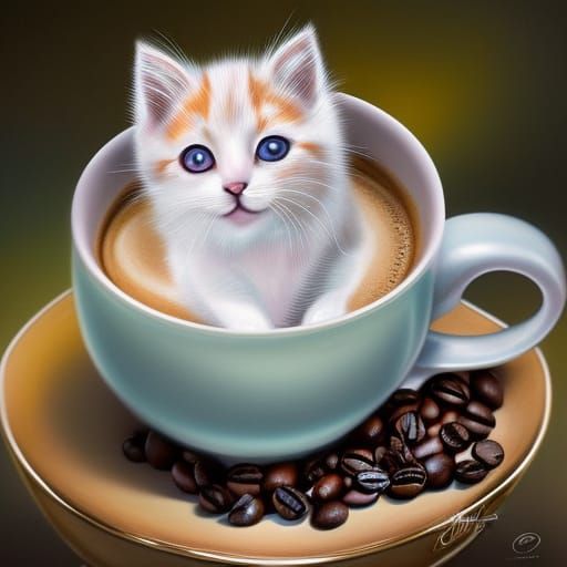Chibi Kitten in Coffee Cup: Pastel Digital Art
