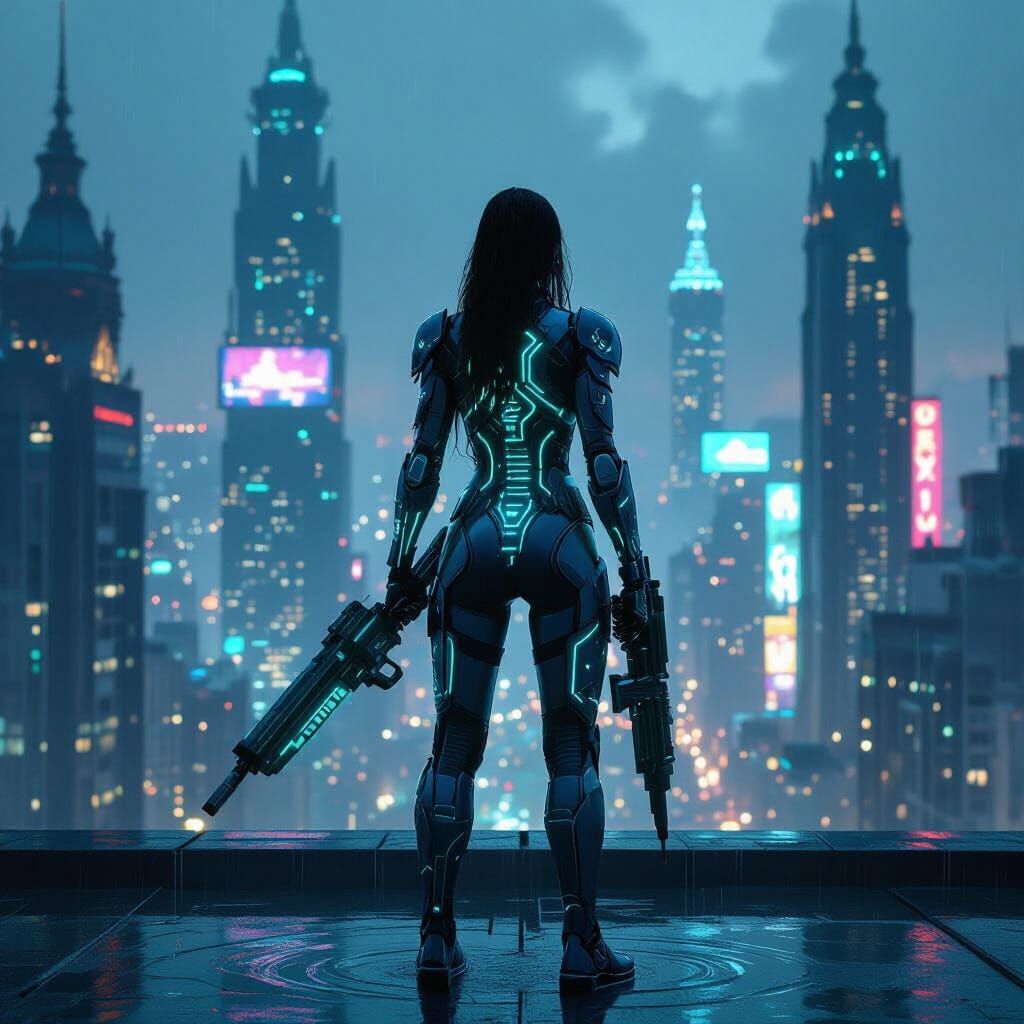 Aquatic Cyborg Warrior in Neon Metropolis