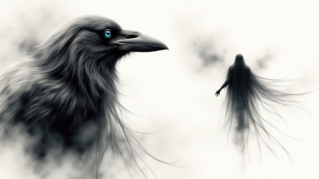 Mysterious Crow Guides Spirit in Pencil, Ink, and Watercolou...