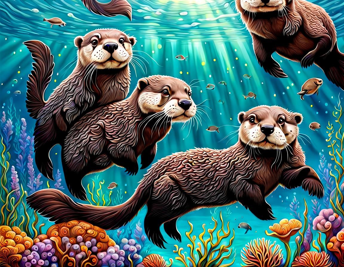 Whimsical Underwater Otters in Hyperdetailed Style