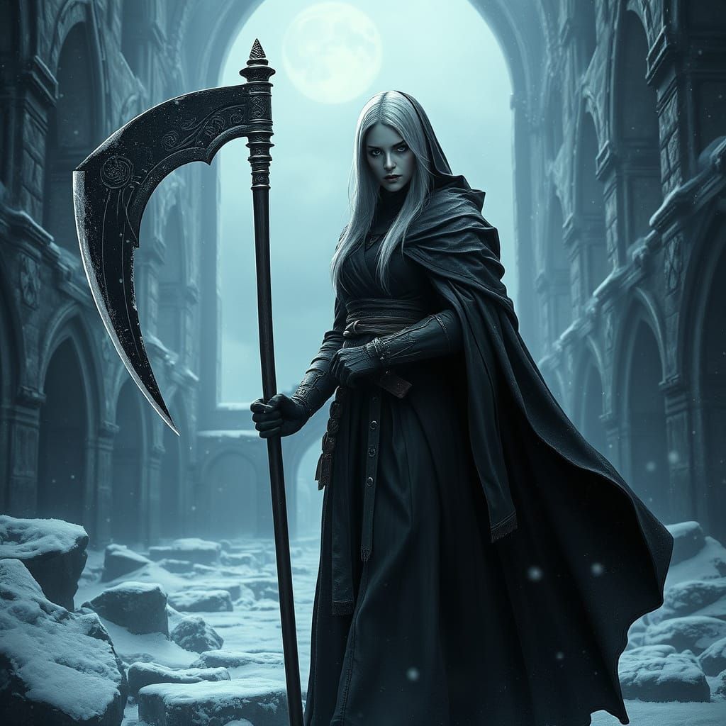 Dark Gothic Warrior in Snowy Ruins