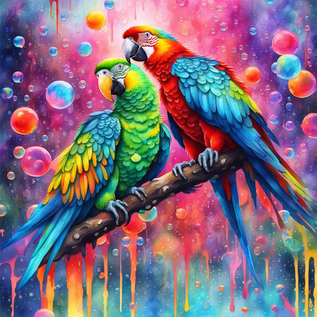 Neon Watercolor Painting of Parrot Lovers