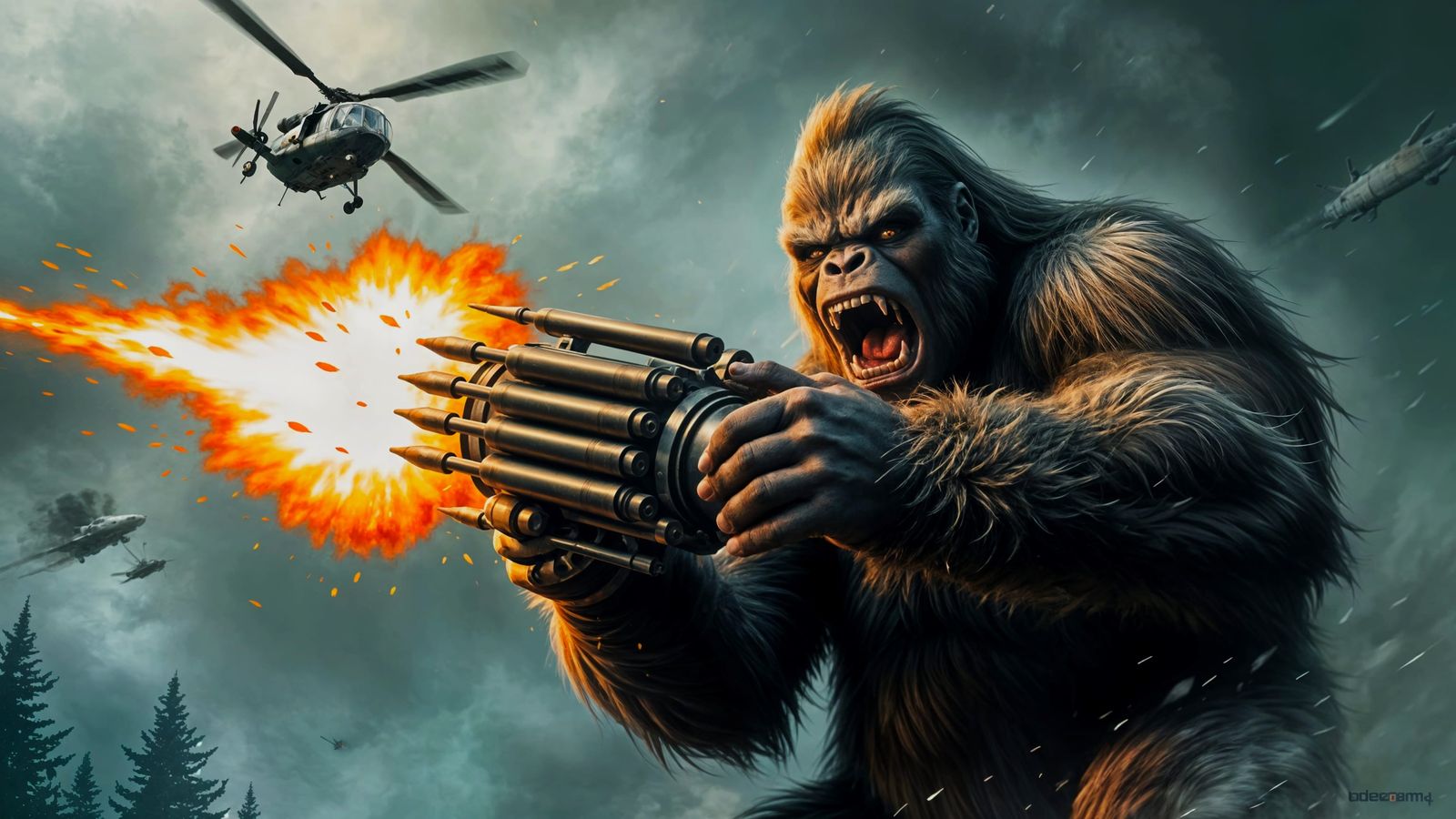 Cyberpunk King Kong Battles Heli in Turbulent Stormy Skies