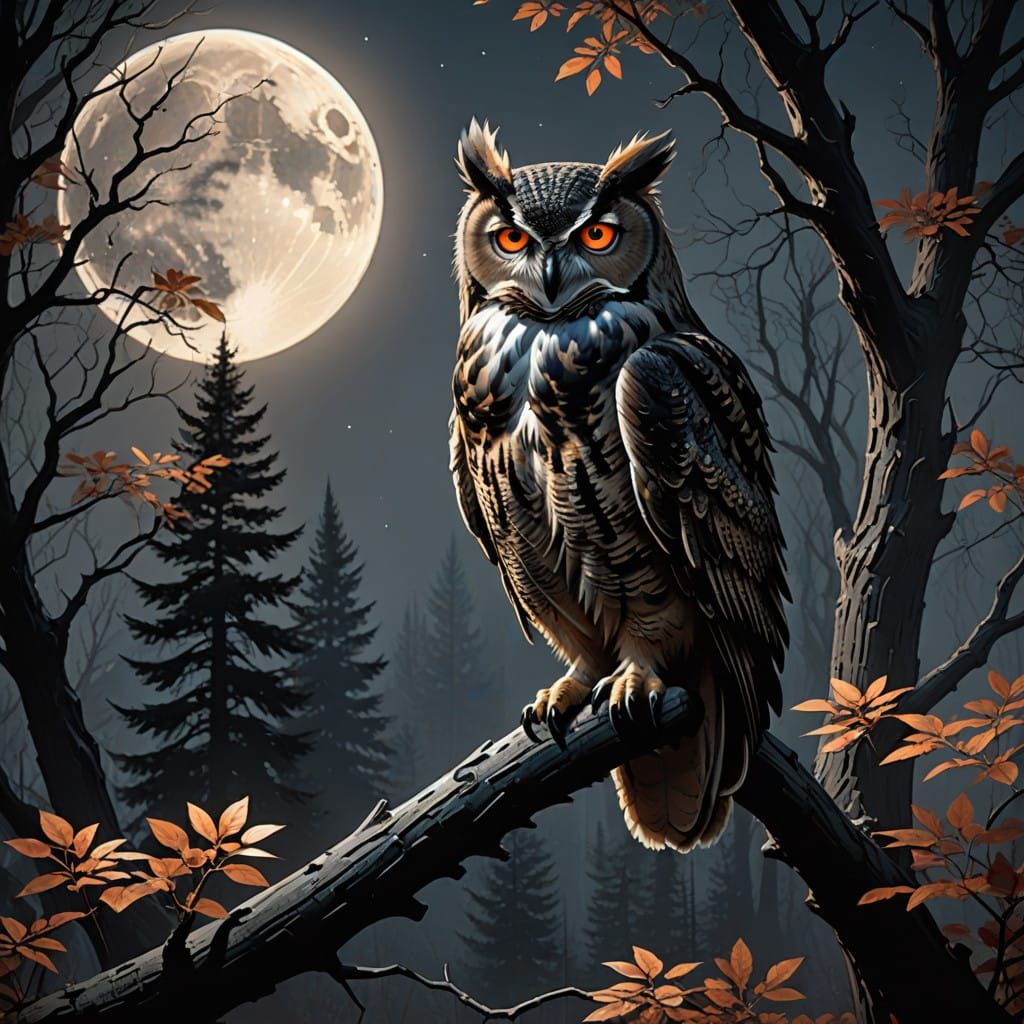 Realistic Horned Owl in Cinematic Moonlit Scene