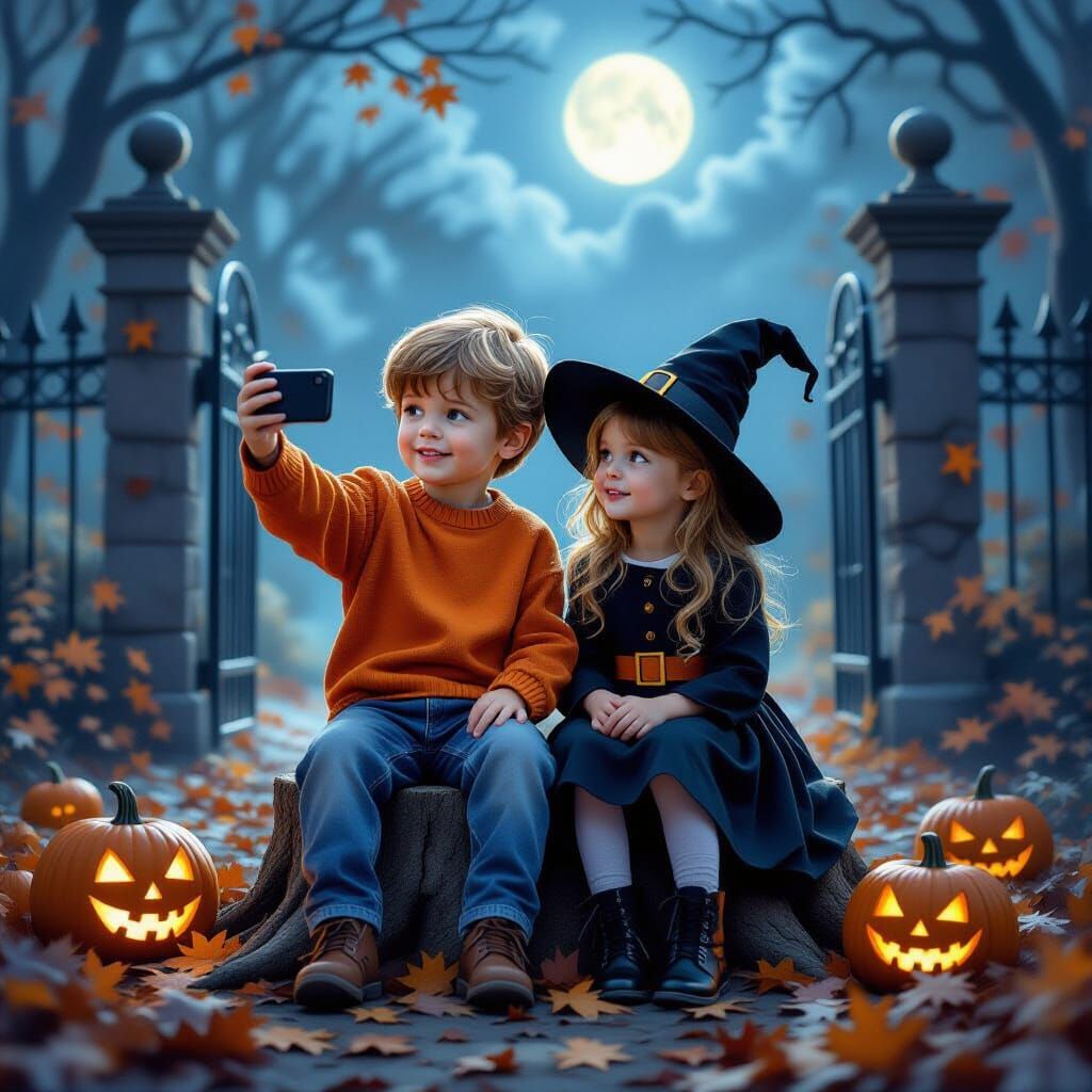 Children in Halloween Costumes Taking Selfie by Spooky Gates