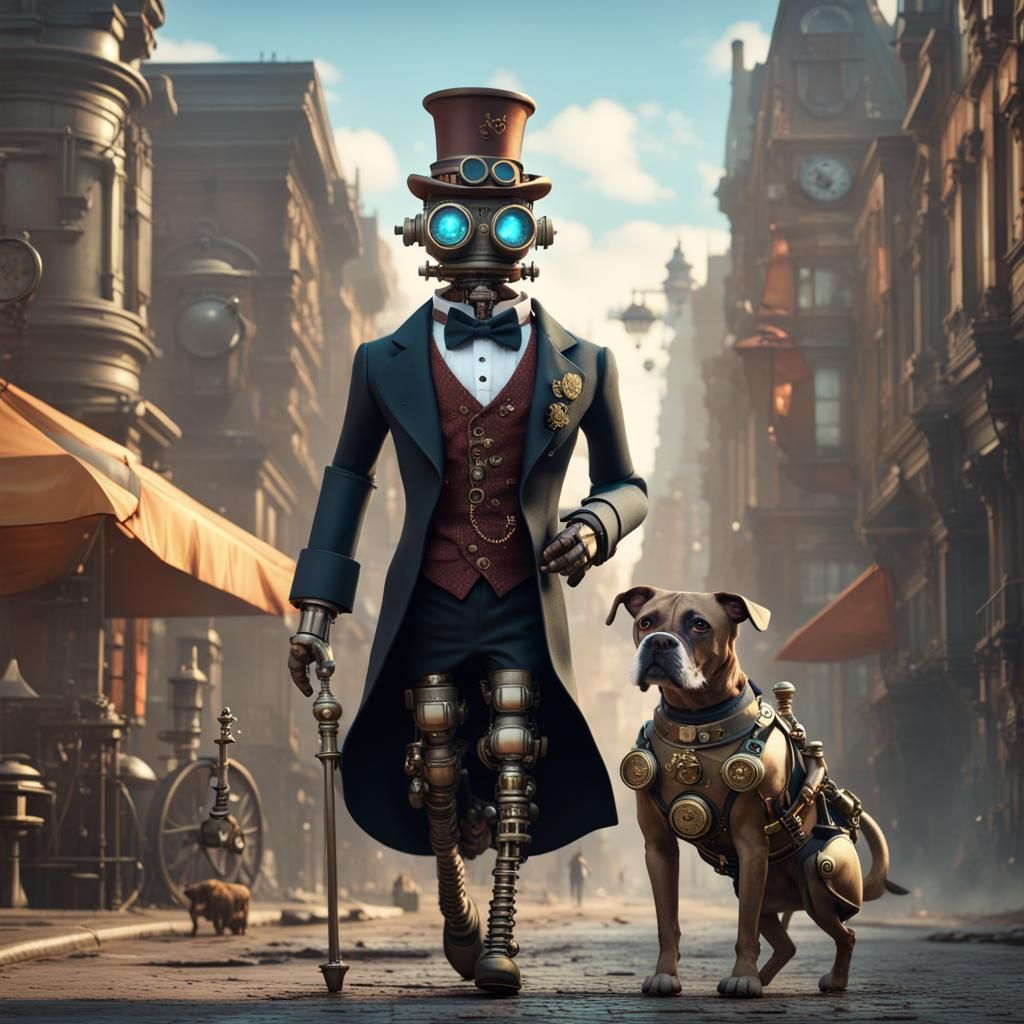 Steampunk Robot Butler Walking Dog in City