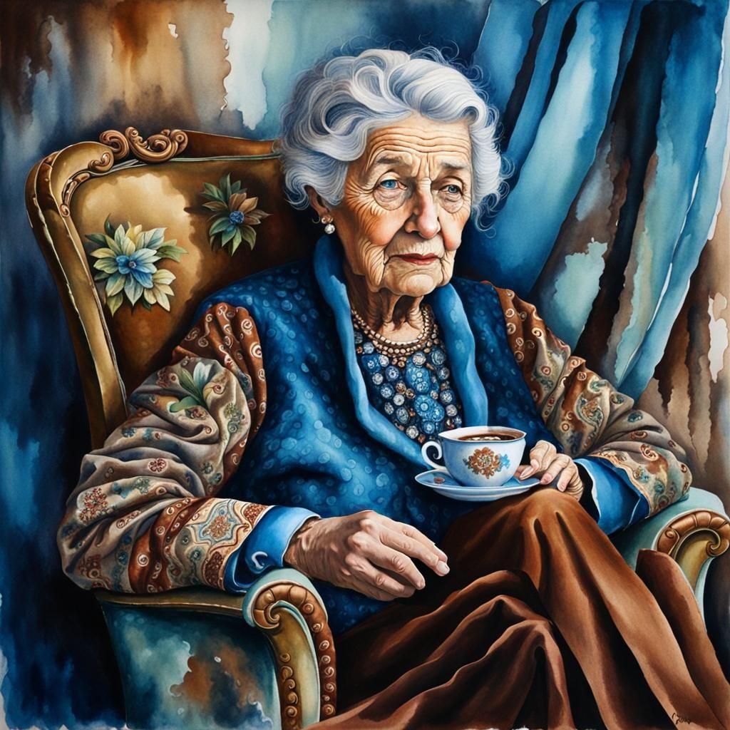 Detailed Watercolor Portrait of Old Woman with Coffee