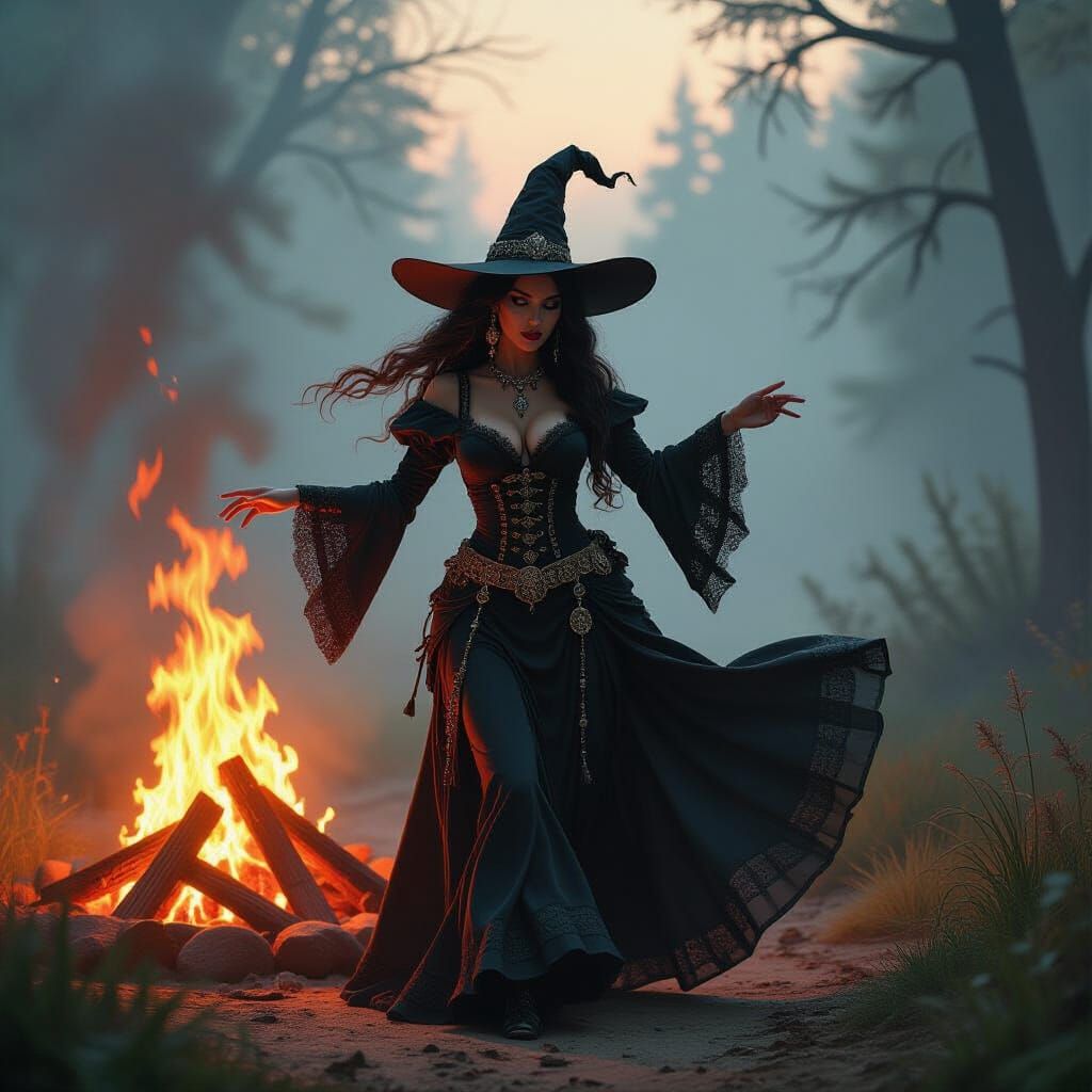 Gothic Boho Witch Doctor Dances by Bonfire in Painterly Styl...