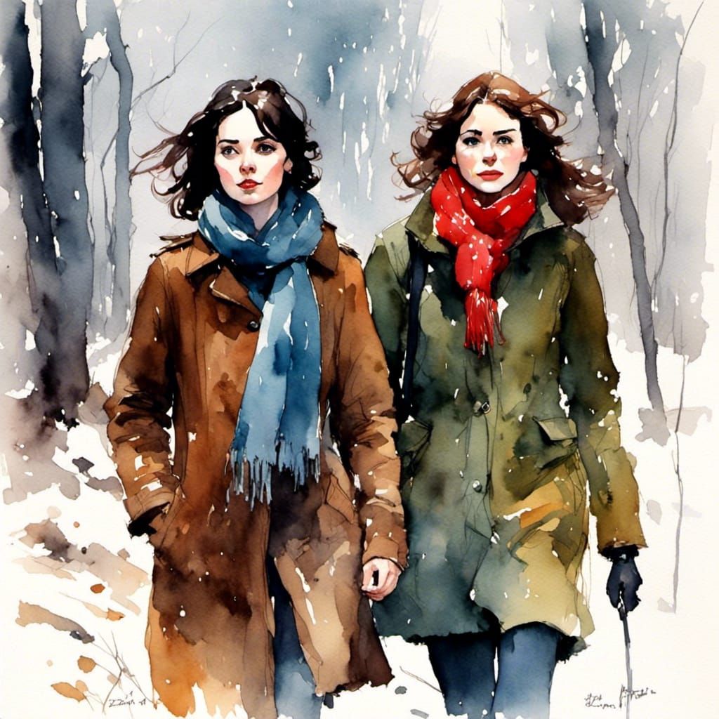Women Walking in French Forest: Watercolor Art