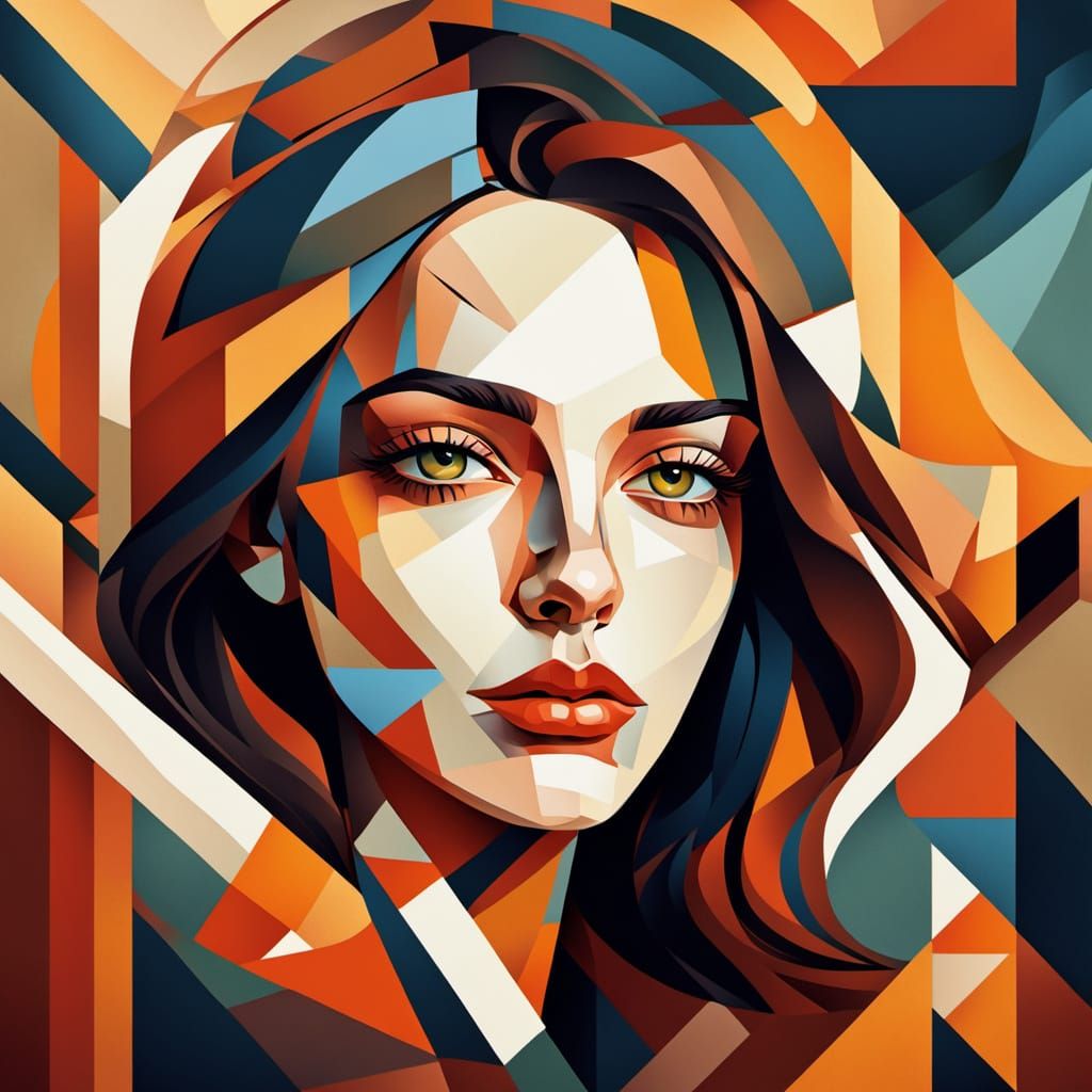 Geometric Portrait of Woman in Cubist Art Deco Style