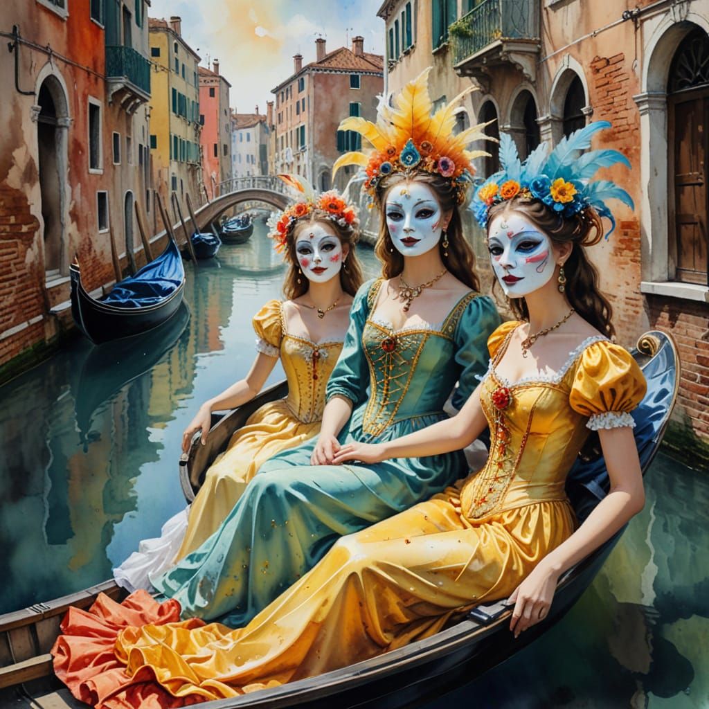 Venice Canal Gondola with Women in Ornate Costumes