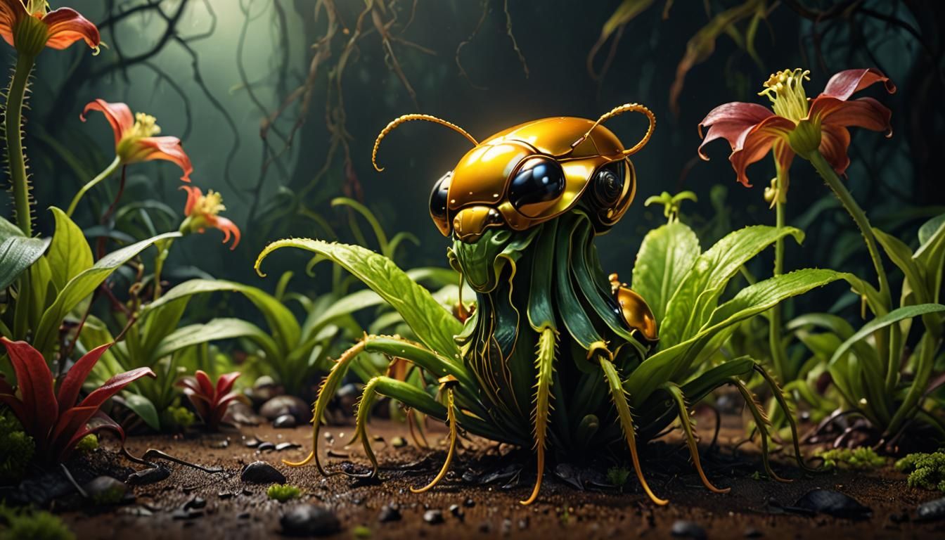 Carnivorous Plant Devours Beetle in Hyperrealistic Style