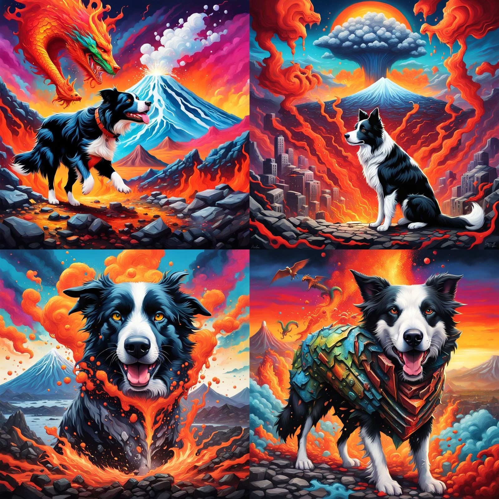 Armored Border Collie Confronts Dragon in Graffiti Art