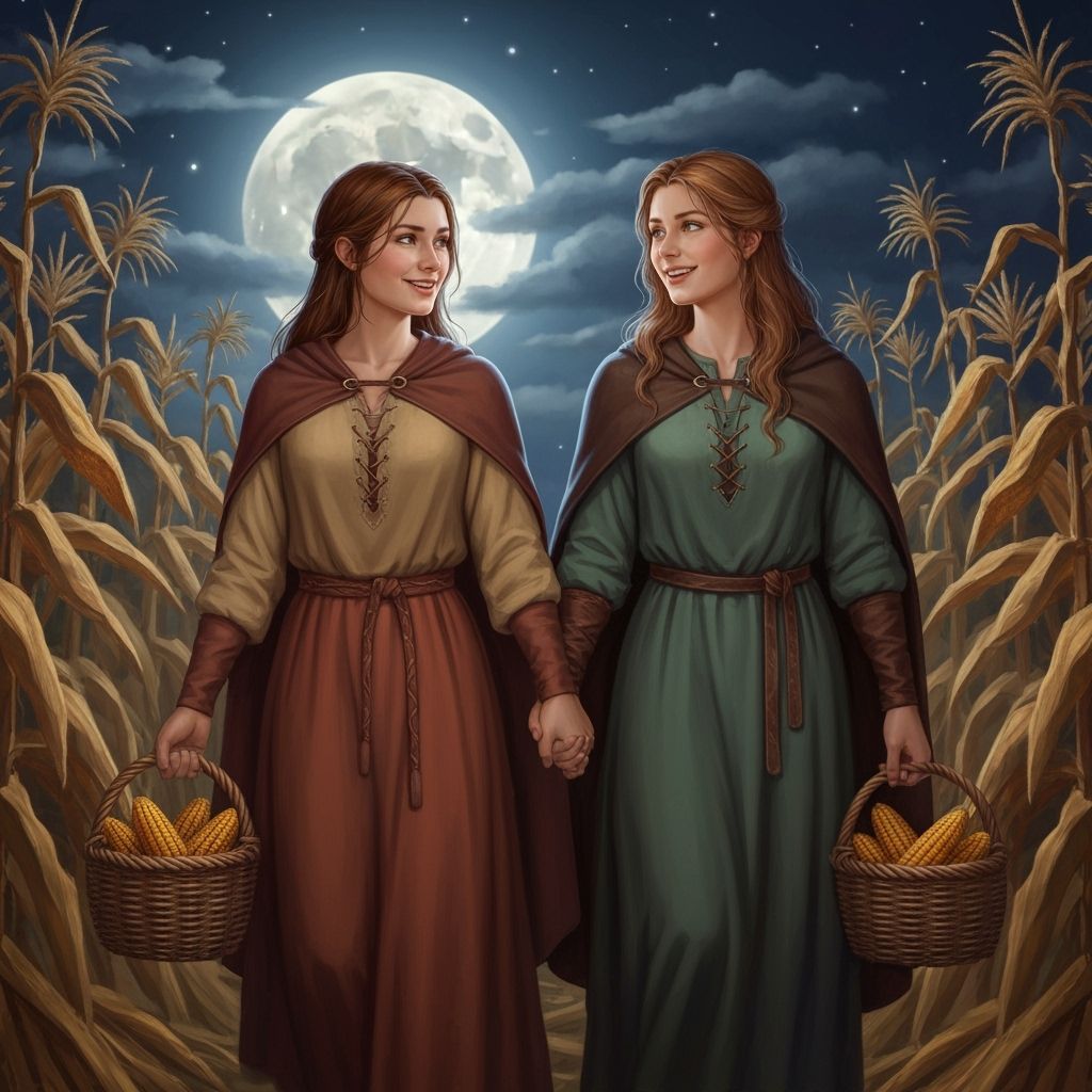 Medieval Farmers Under Full Moon in Art Nouveau Style