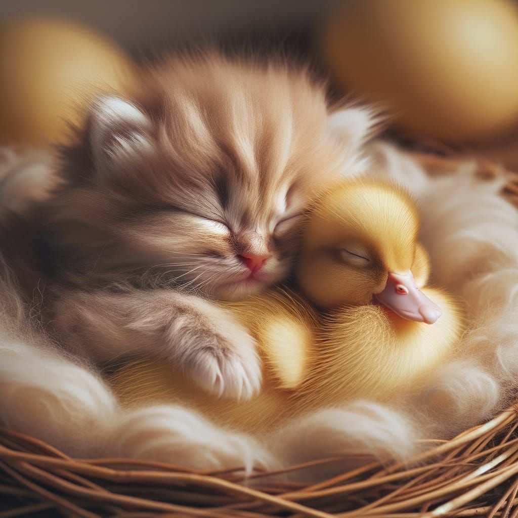 Kitten and Duckling Sleeping Peacefully Together