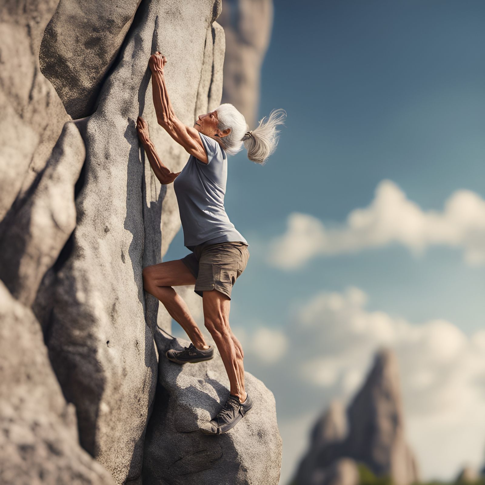 Grandma Free Climbing Devil's Rock: Hyperrealistic Image