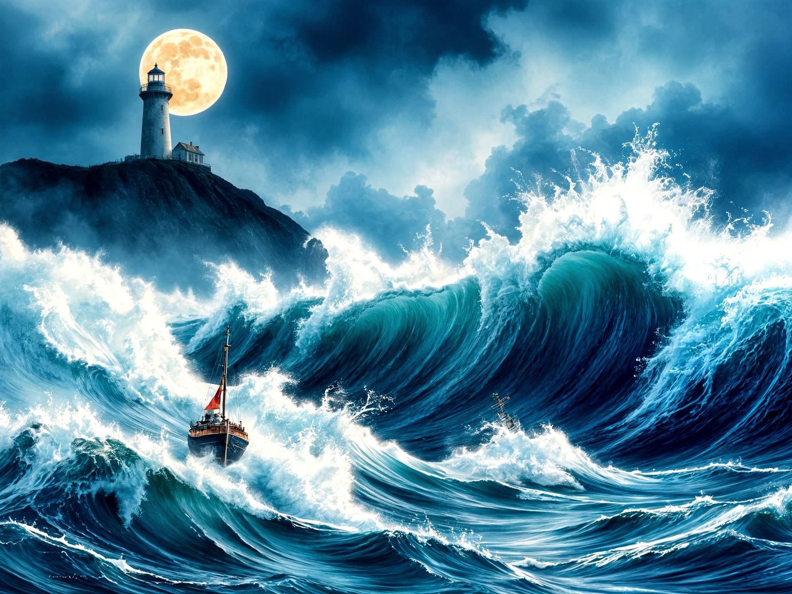 Stormy Maritime Watercolor Painting with Lighthouse