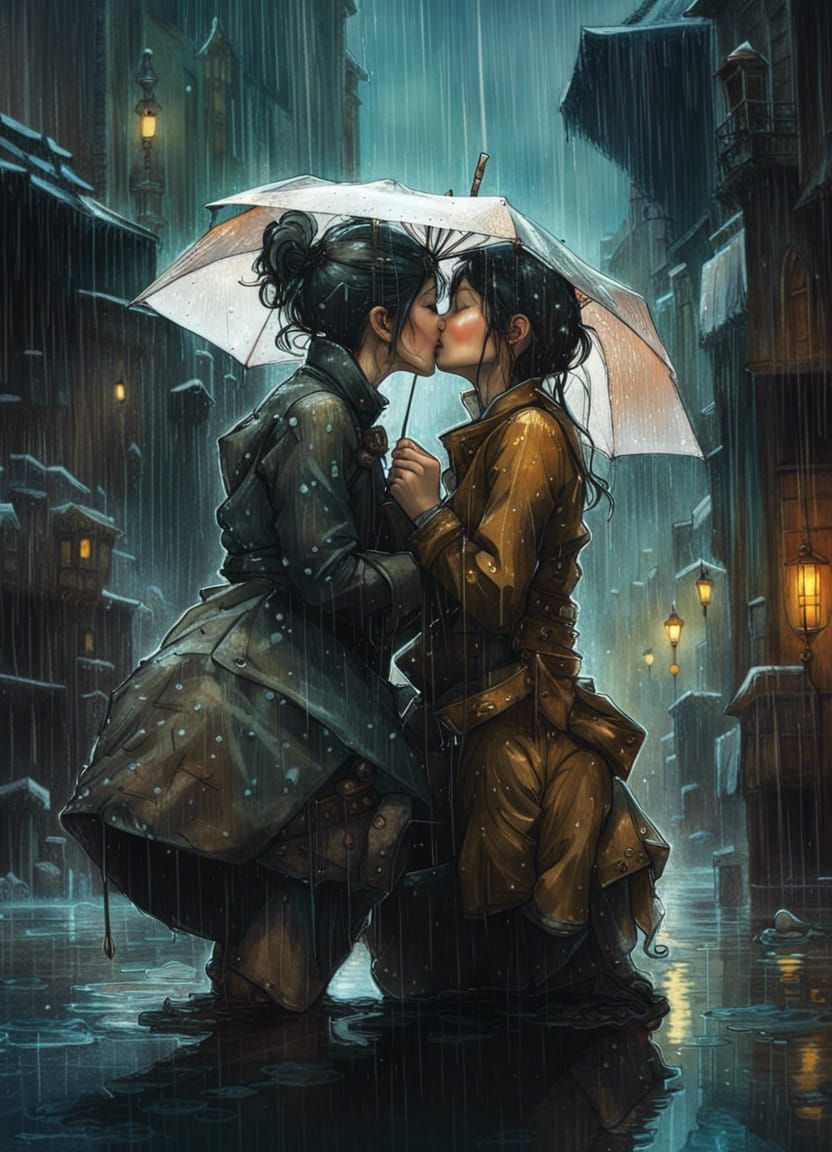 Romantic Kiss in the Rain: Fantasycore Art