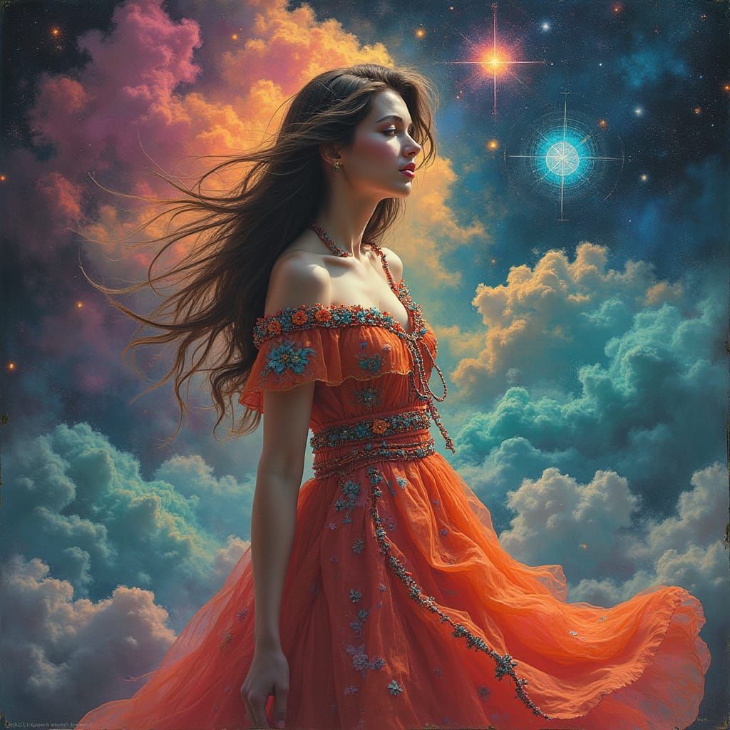 Dreamlike Woman in Vibrant Bohemian Dress with Swirling Clou...