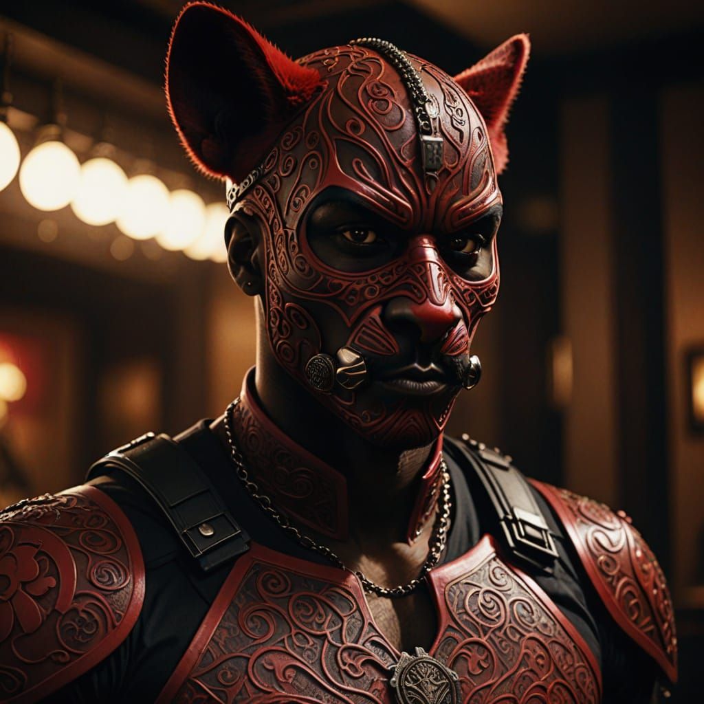 Rwandan Man in Red Mask: Hyperrealistic Film Portrait