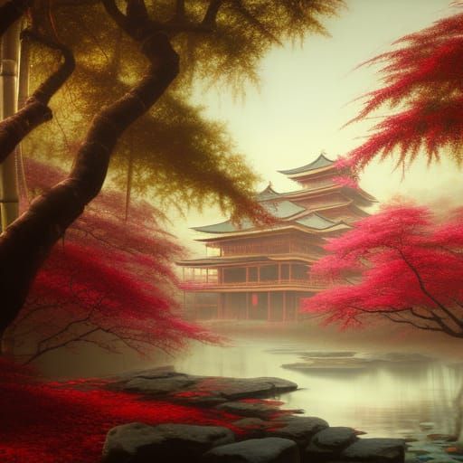 Surreal Gothic Sakura Tree in Japanese Temple Setting