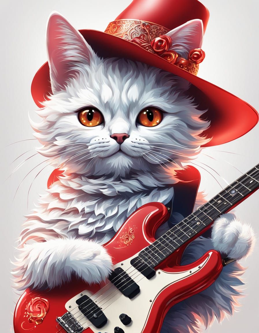 Whimsical New Year's Cat on Finger Plays Electric Guitar
