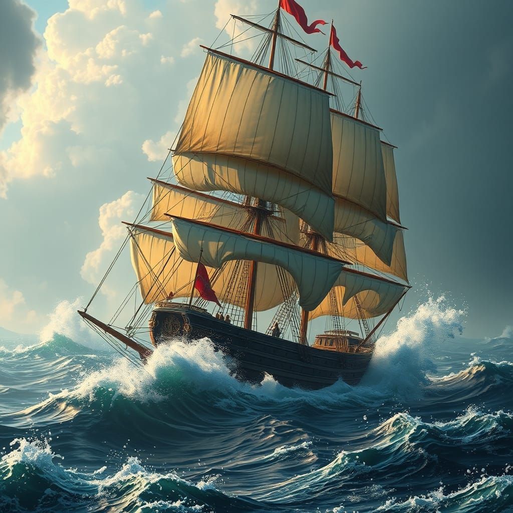 Tall Ship Navigating Stormy Seas: Fantasy Concept Art