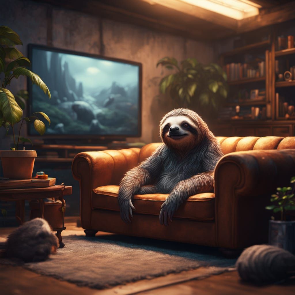 Epic Sloth Watches TV in Detailed Fantasy Scene