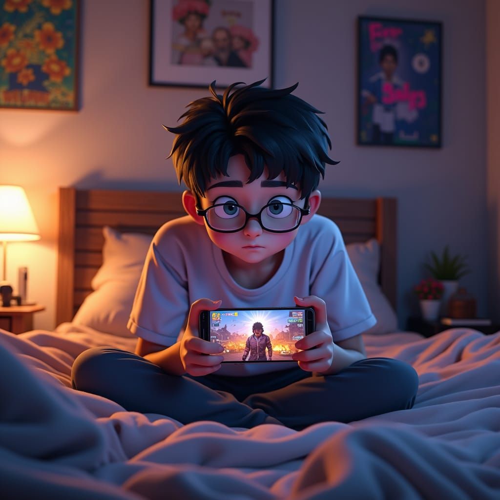 Boy Immersed in Mobile Gaming: Anime-Inspired 3D Art