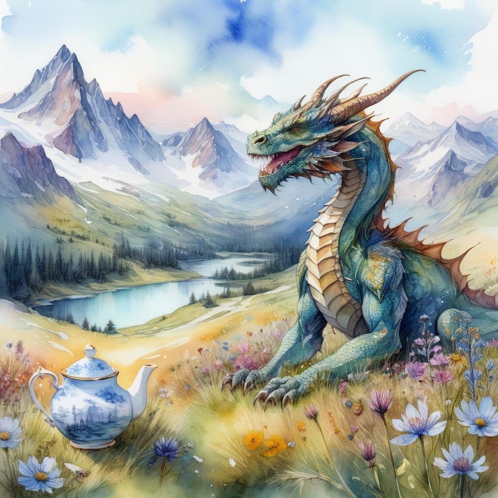 Whimsical Dragon Sips Tea in Alpine Meadow: Watercolor