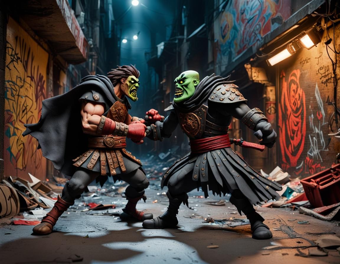 A claymation warrior battles a menacing villain in a dark and gritty alleyway