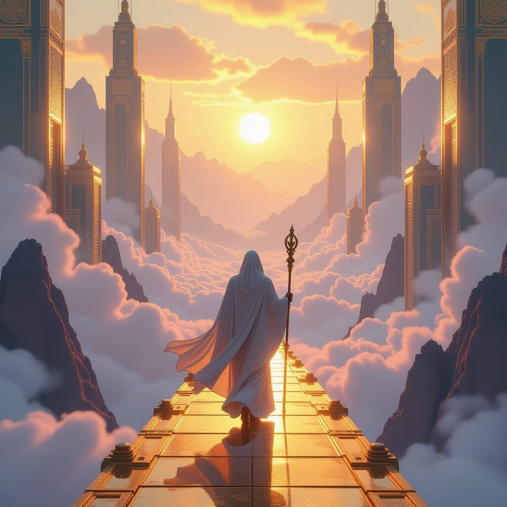 Retro Sci-Fi Figure Amidst Mountain Architecture