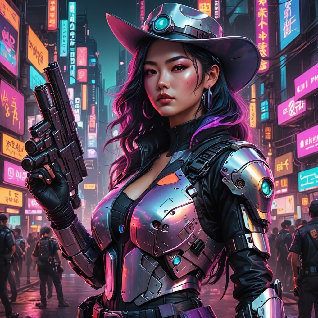 Cyberpunk Cowgirl in a Neo-Gothic City