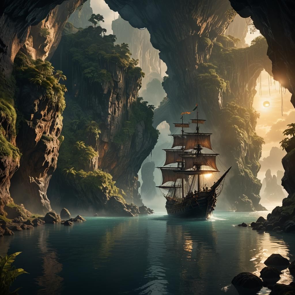 Black Pearl Sails Through Misty Island Cave