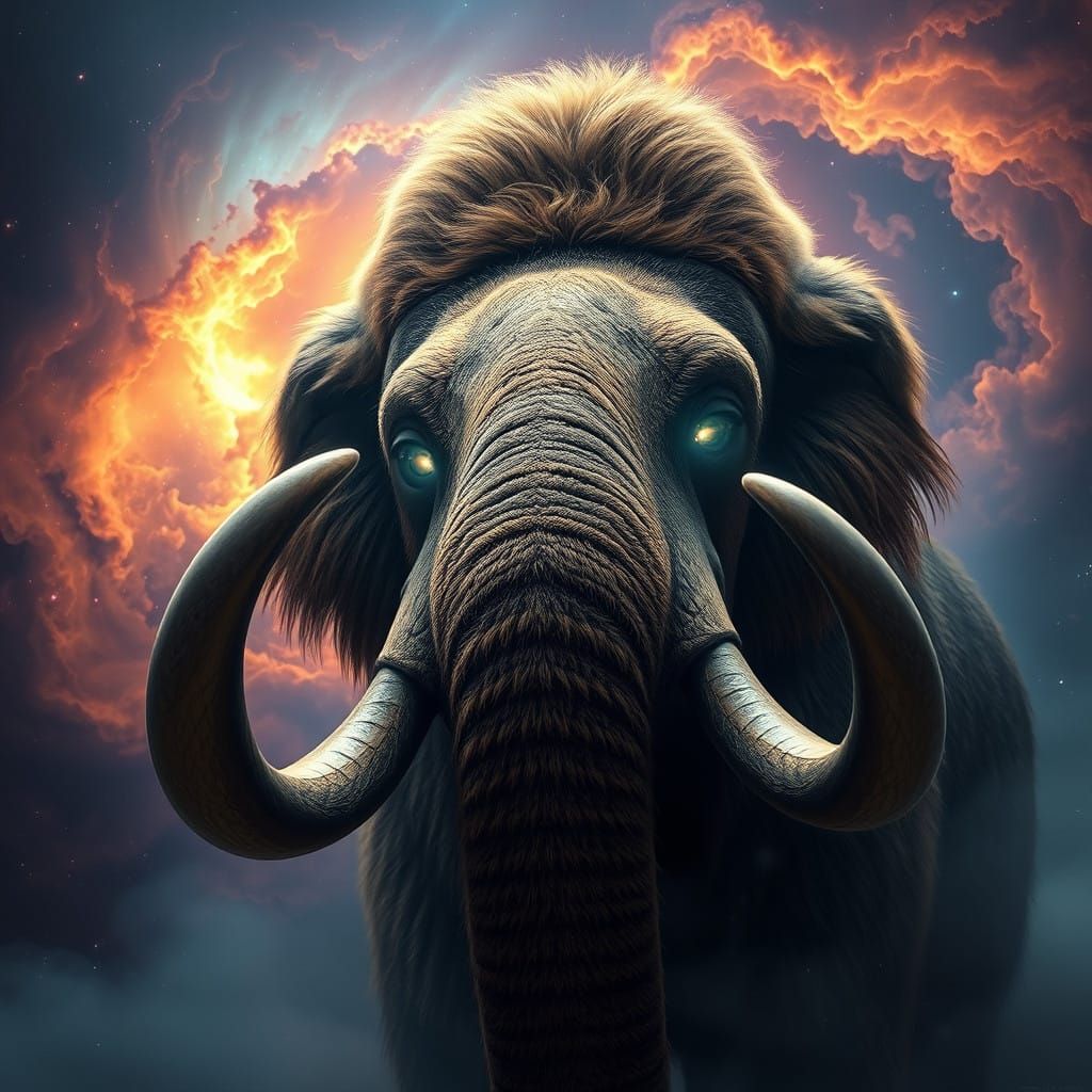 Majestic Woolly Mammoth in Cosmic Nebula