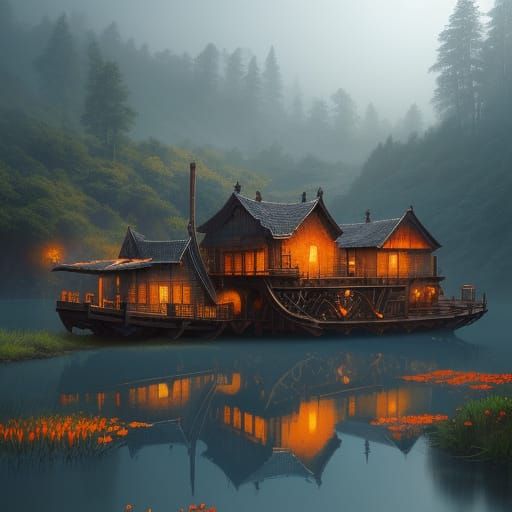 Ancient Waterwheel in Serene Fantasy Landscape