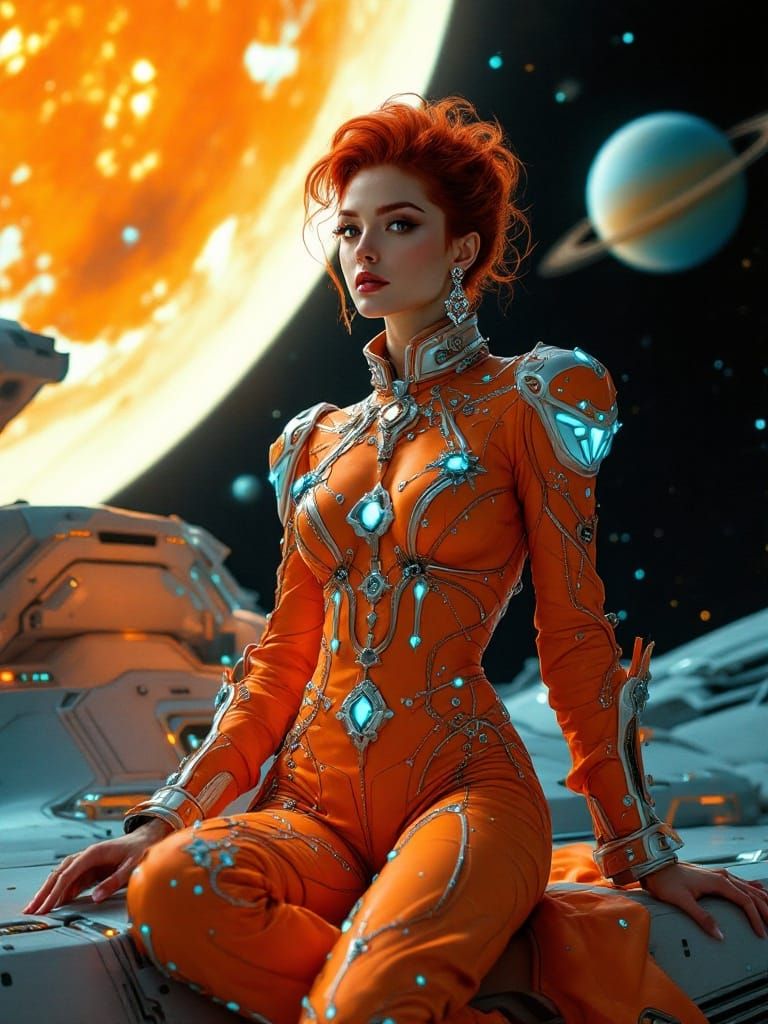 Ethereal Spacewoman in Metallic Orange Spacesuit