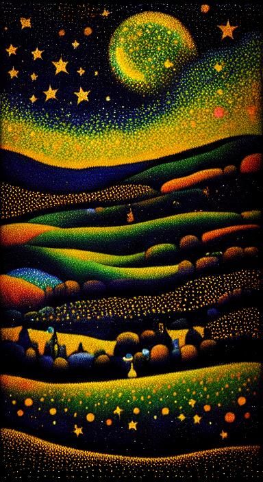 Pointillism Starry Night with Crescent Moon