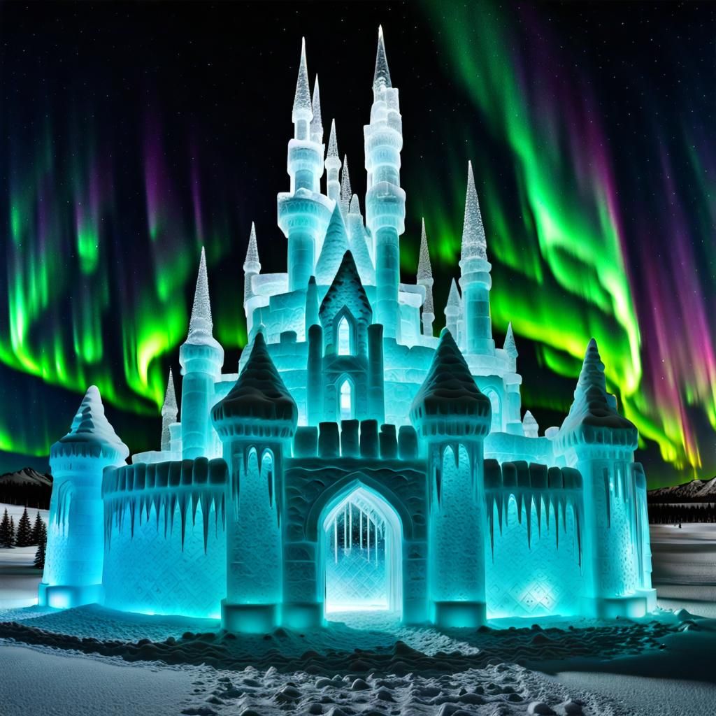 Realistic Ice Castle Sculpture with Northern Lights