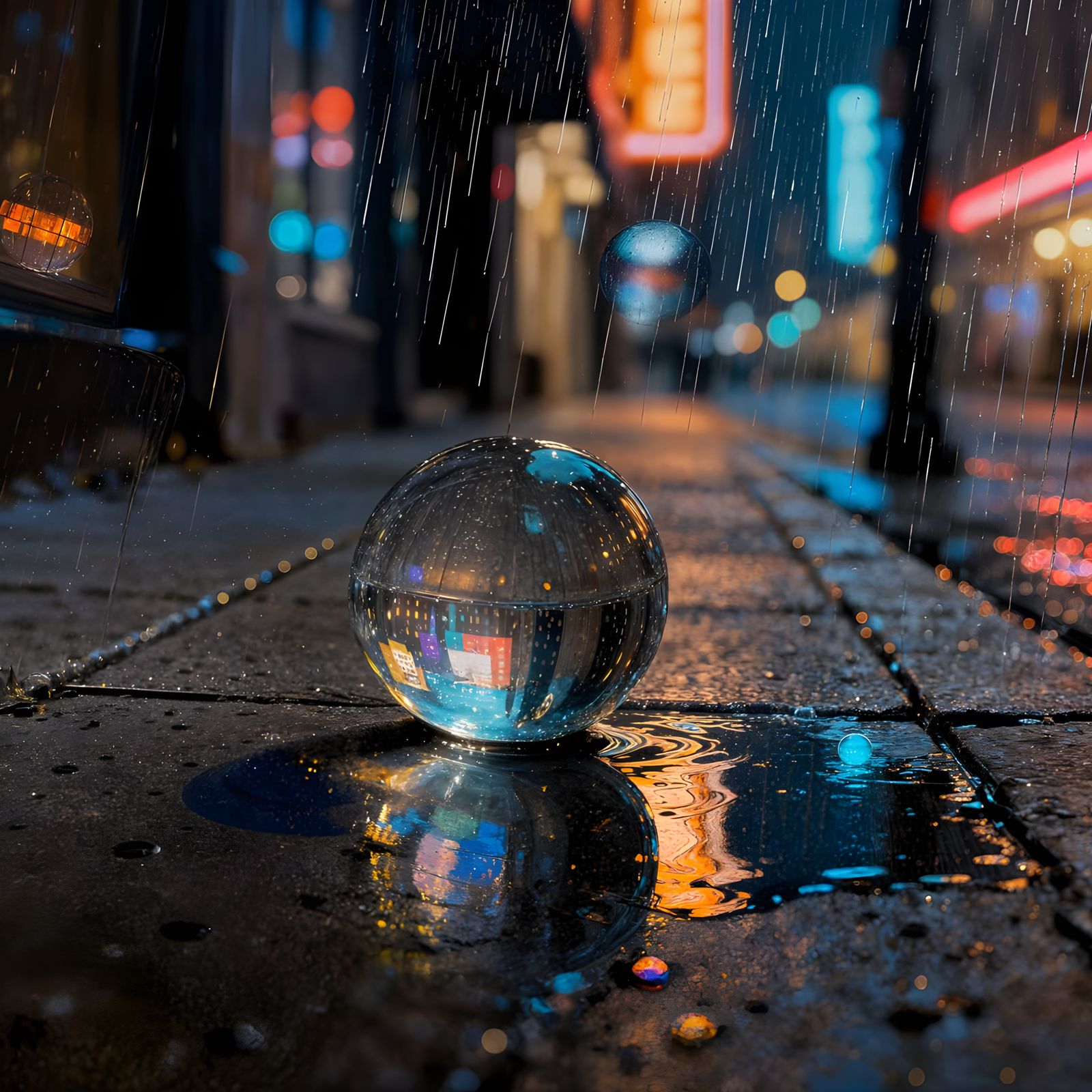 Rainy Night City Reflection in Glass Ball