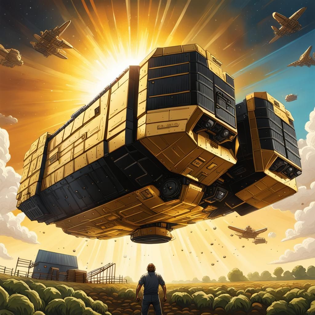 Juggernaut Freighter Blocks Sun in Hyperrealistic Farm Scene