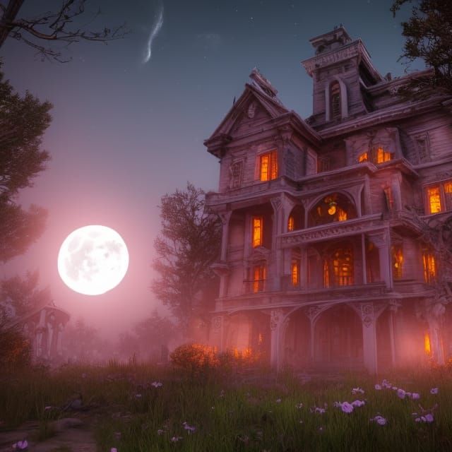 Eerie Haunted Mansion Under Colorful Moon: 3D Render