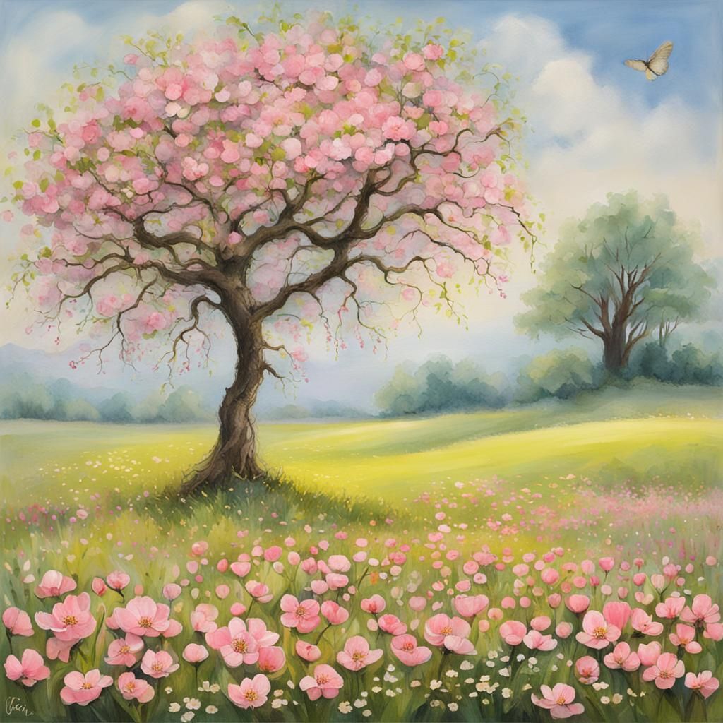 Enchanted Meadow with Blooming Quince Tree