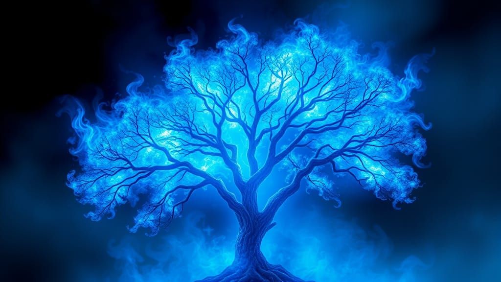 Flaming Blue Tree of Light in Cosmic Style