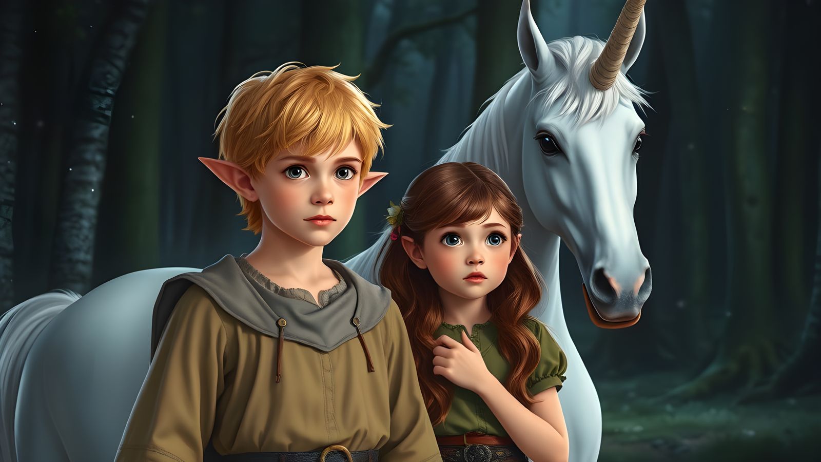 Elf Boy and Girl Meet Unicorn in Magic Forest