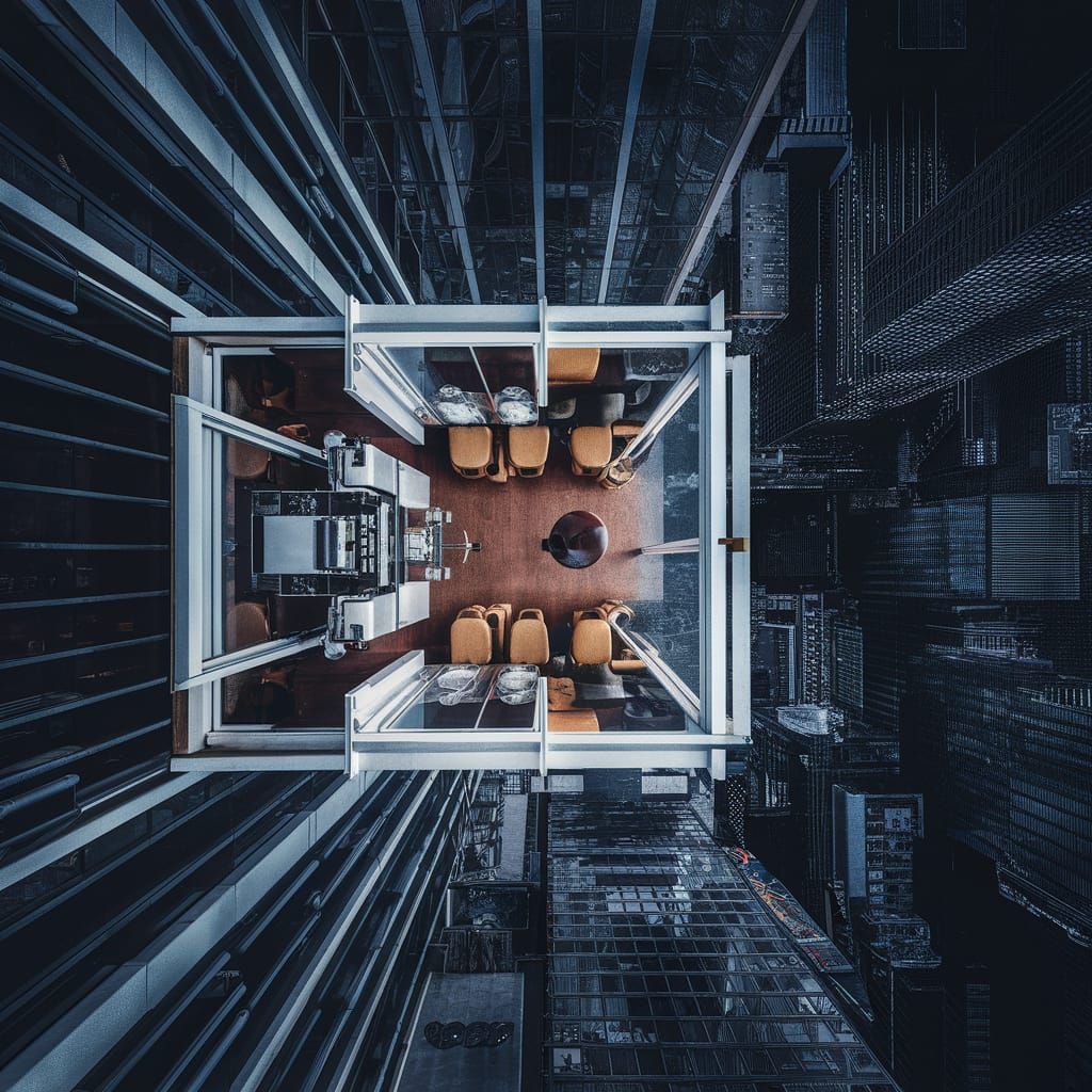 Highrise Cafe: Hyperrealistic City View Photograph