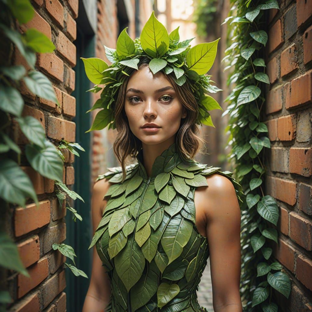 Lush Alleyway: Woman in Leaf Costume, Surreal Macro