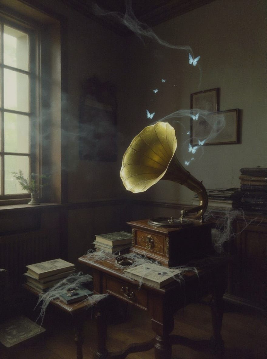 Antique Gramophone Emits Spectral Butterflies in Victorian S...